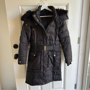 Black Puffer Winter Coat with Belt and Removable Hood Size Medium